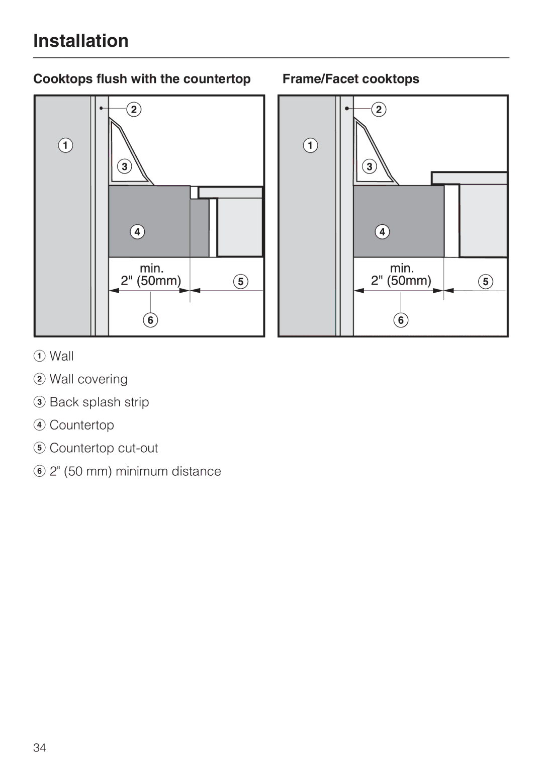 Miele KM5656 installation instructions Installation, Cooktops flush with the countertop Frame/Facet cooktops 