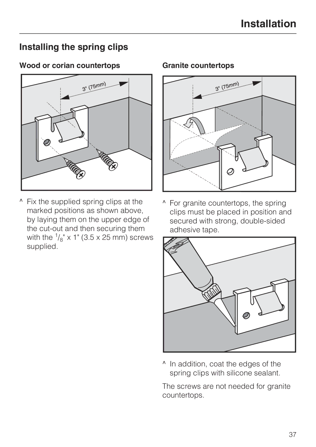 Miele KM5656 installation instructions Installing the spring clips, Wood or corian countertops, Granite countertops 