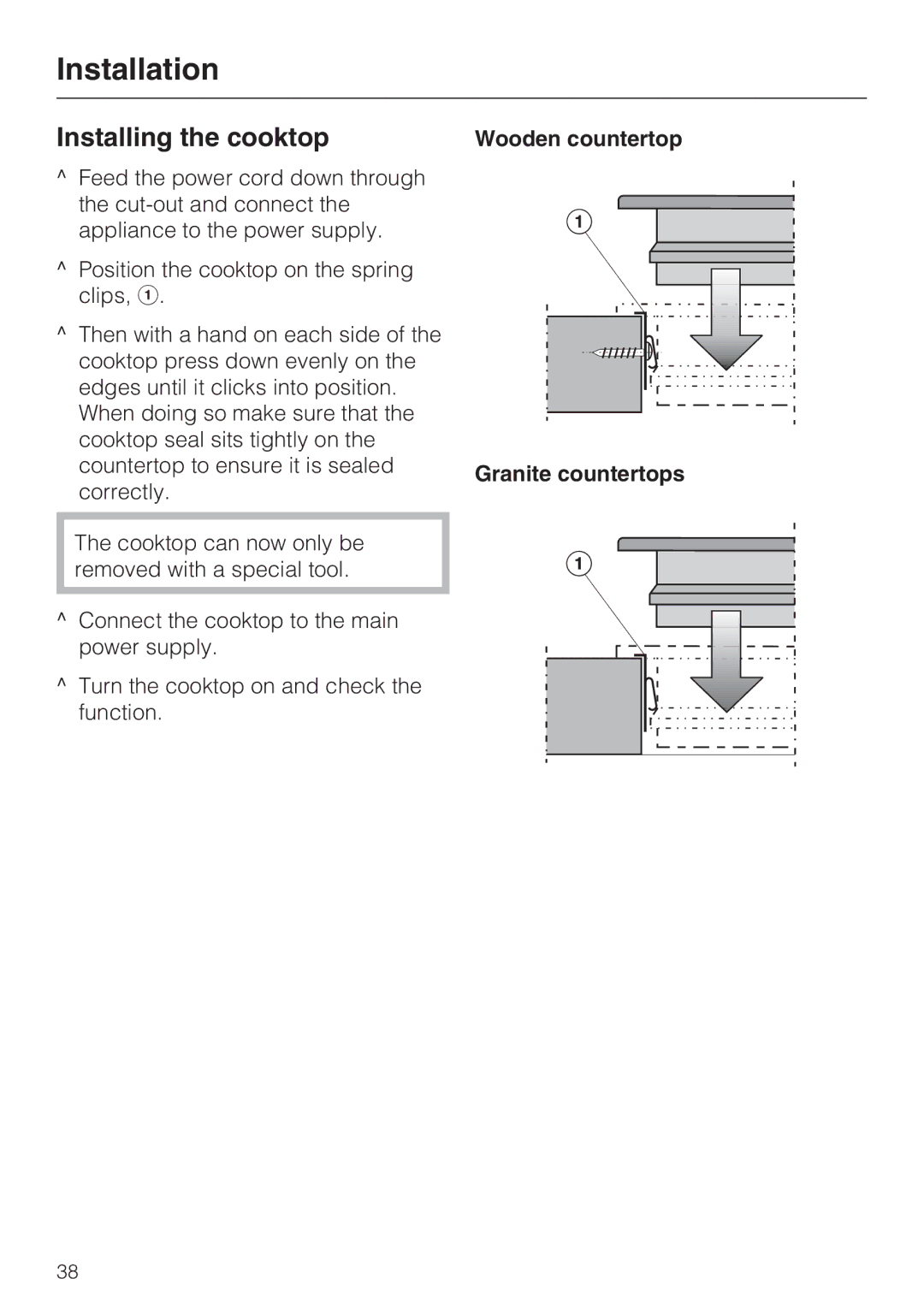 Miele KM5656 installation instructions Installing the cooktop, Wooden countertop Granite countertops 