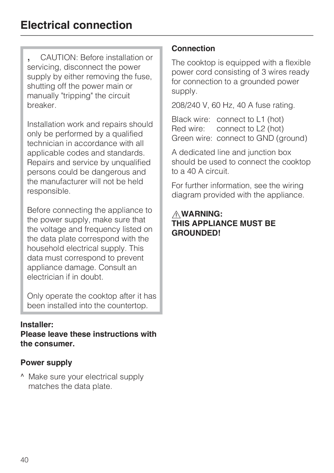 Miele KM5656 installation instructions Electrical connection, Connection 