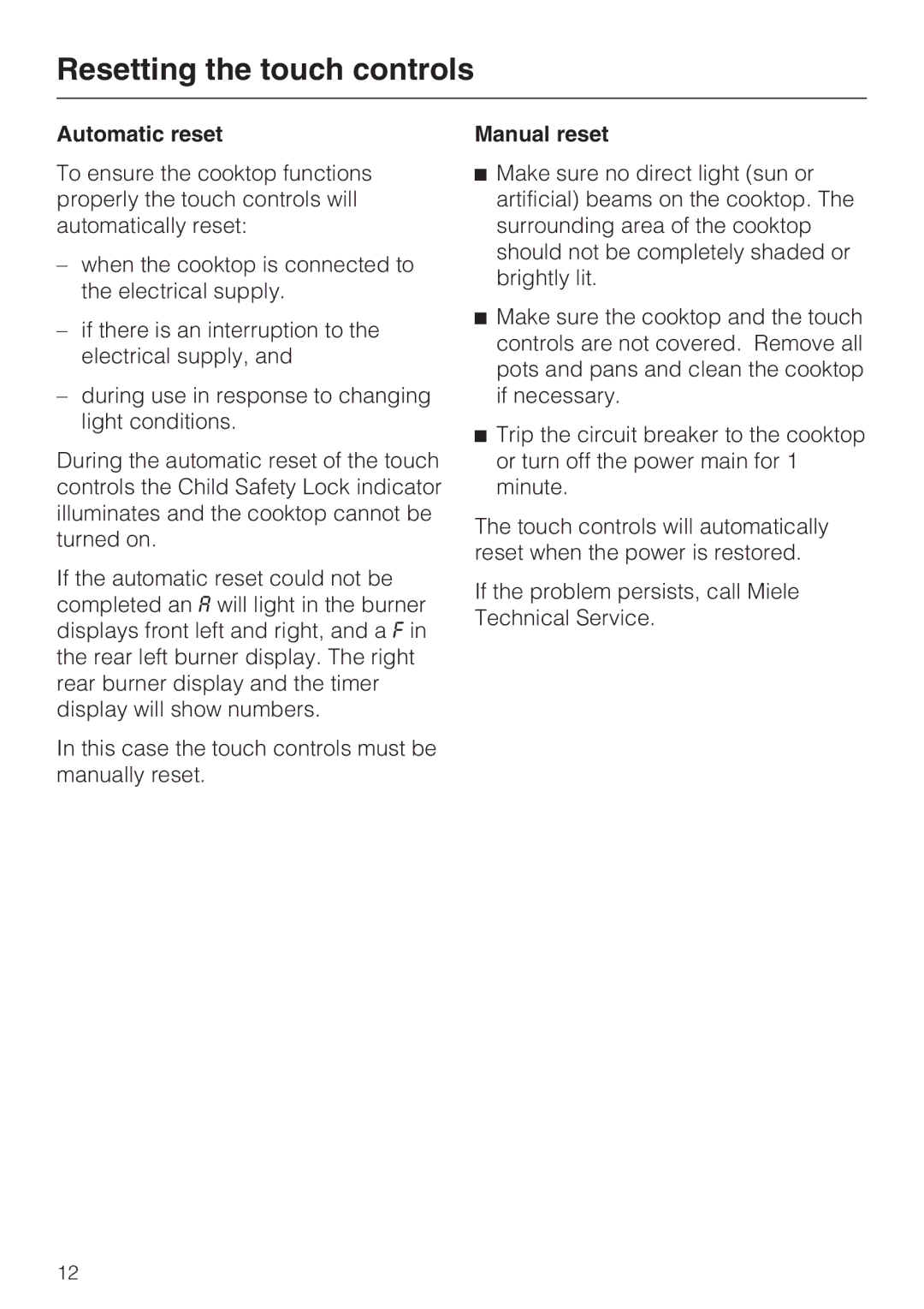 Miele KM5676 installation instructions Resetting the touch controls, Automatic reset, Manual reset 