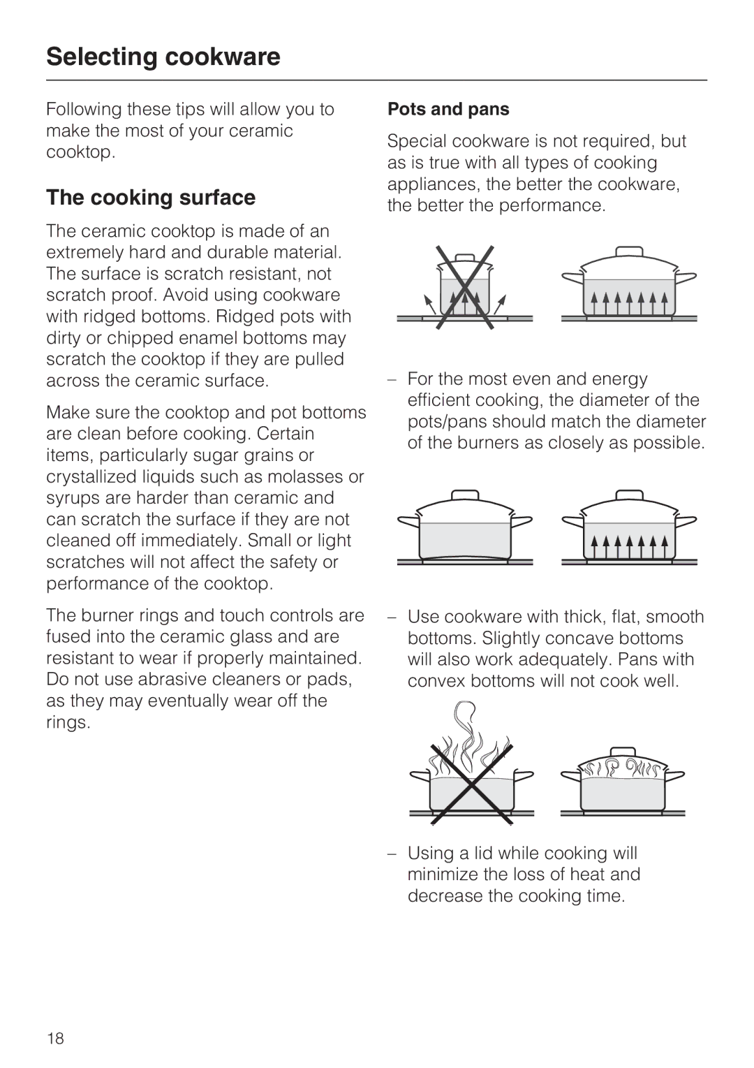 Miele KM5676 installation instructions Selecting cookware, Cooking surface, Pots and pans 