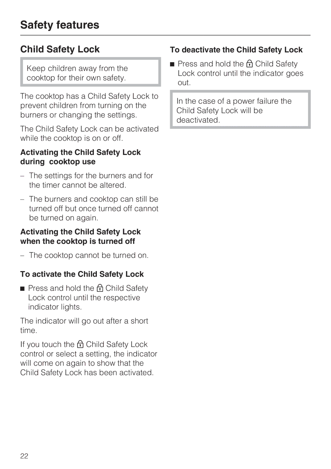 Miele KM5676 Safety features, Activating the Child Safety Lock during cooktop use, To activate the Child Safety Lock 