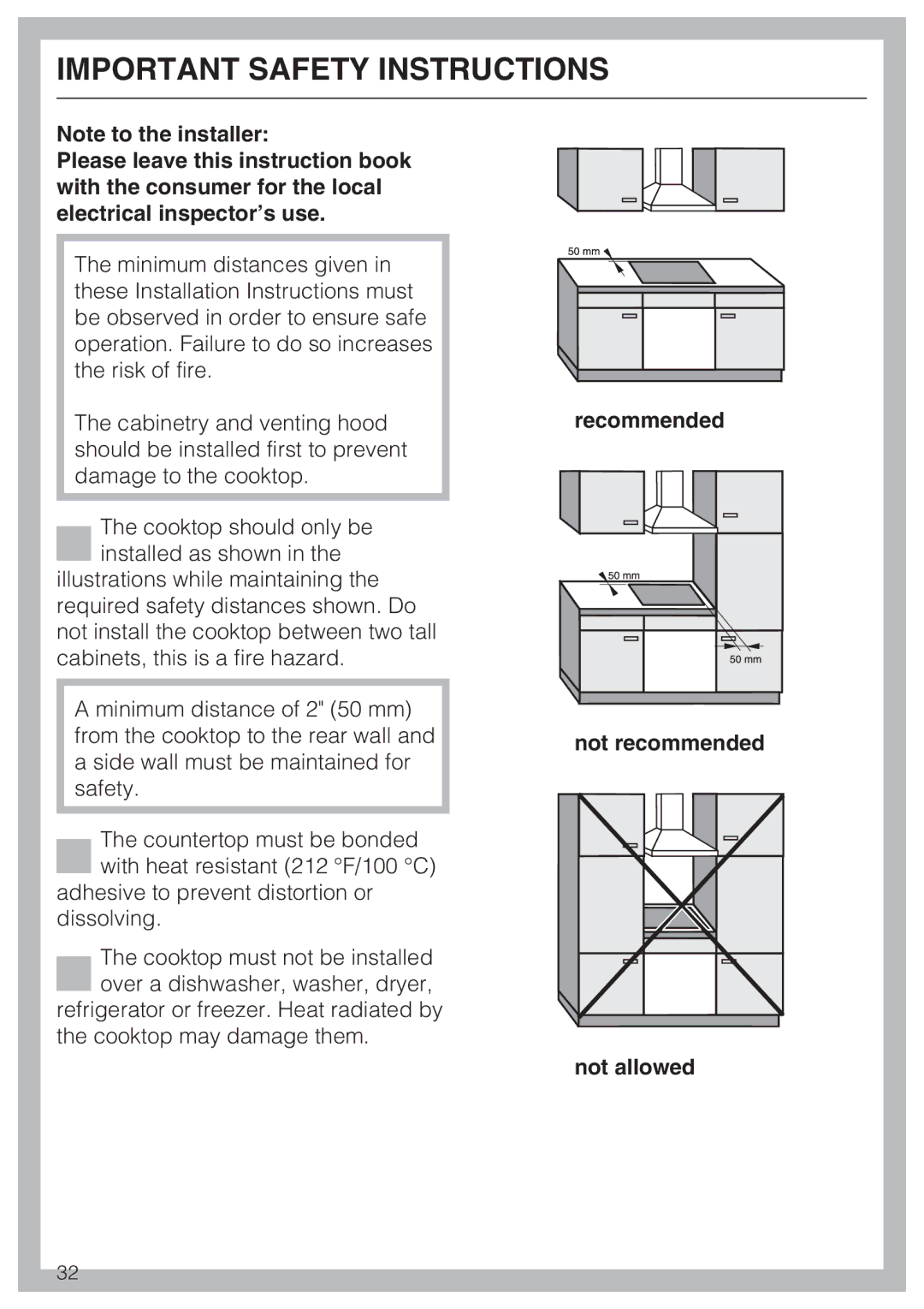 Miele KM5676 installation instructions Recommended Not recommended Not allowed 