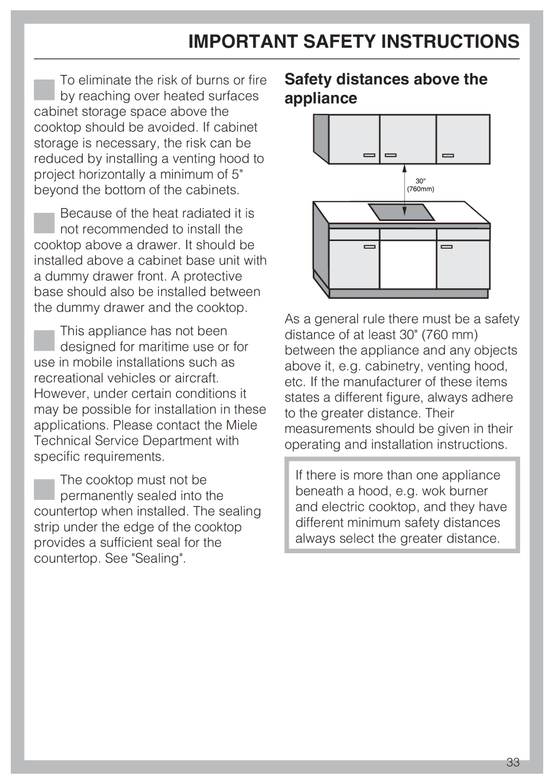 Miele KM5676 installation instructions Safety distances above the appliance 