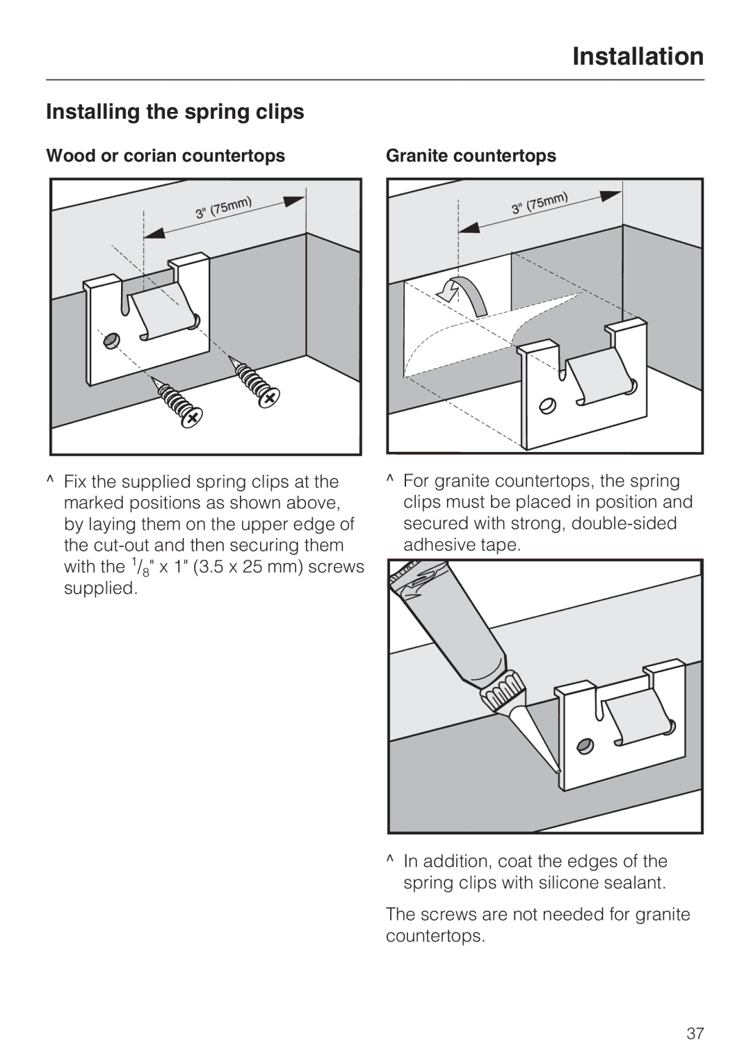 Miele KM5676 installation instructions Installing the spring clips, Wood or corian countertops, Granite countertops 