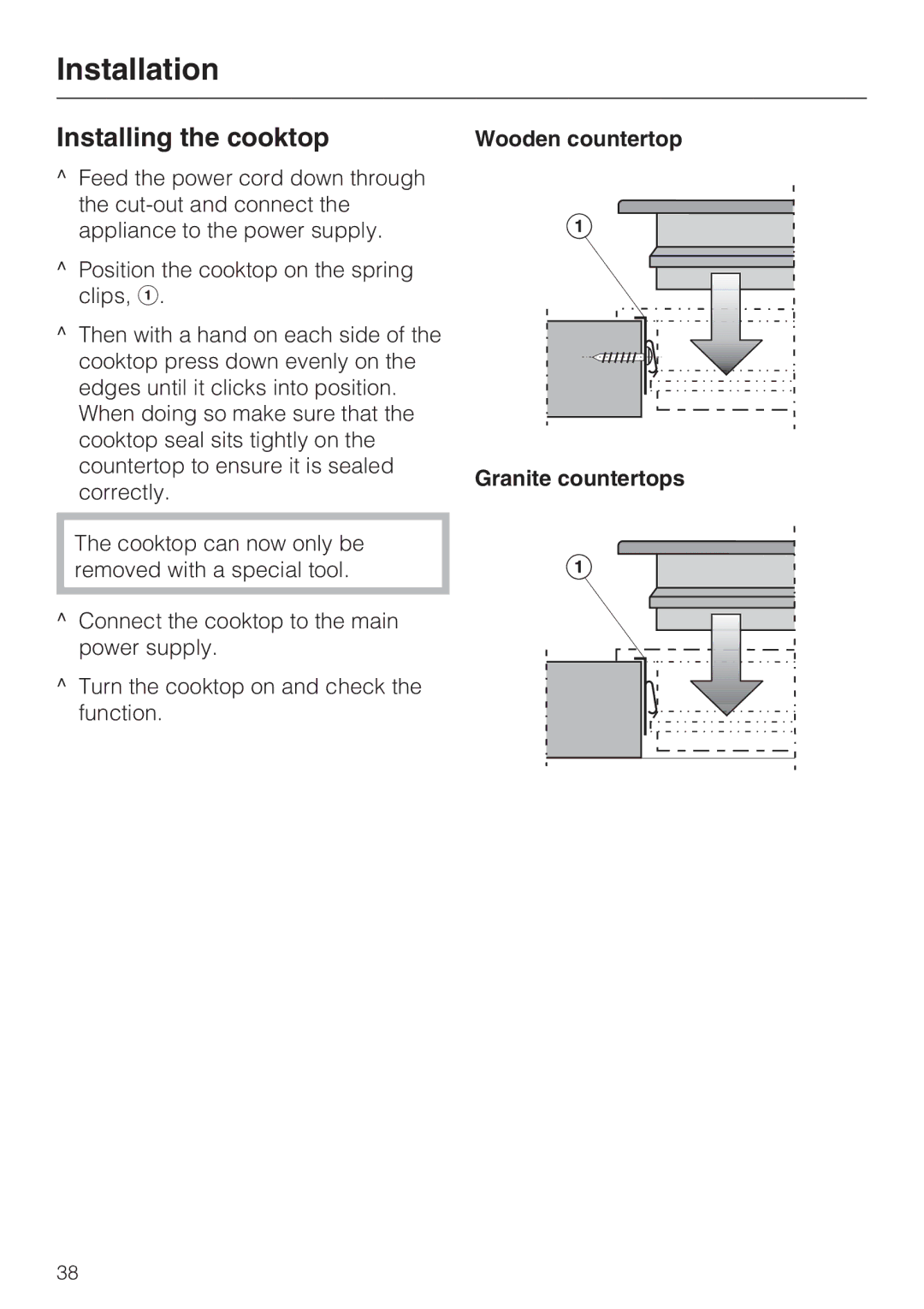 Miele KM5676 installation instructions Installing the cooktop, Wooden countertop Granite countertops 