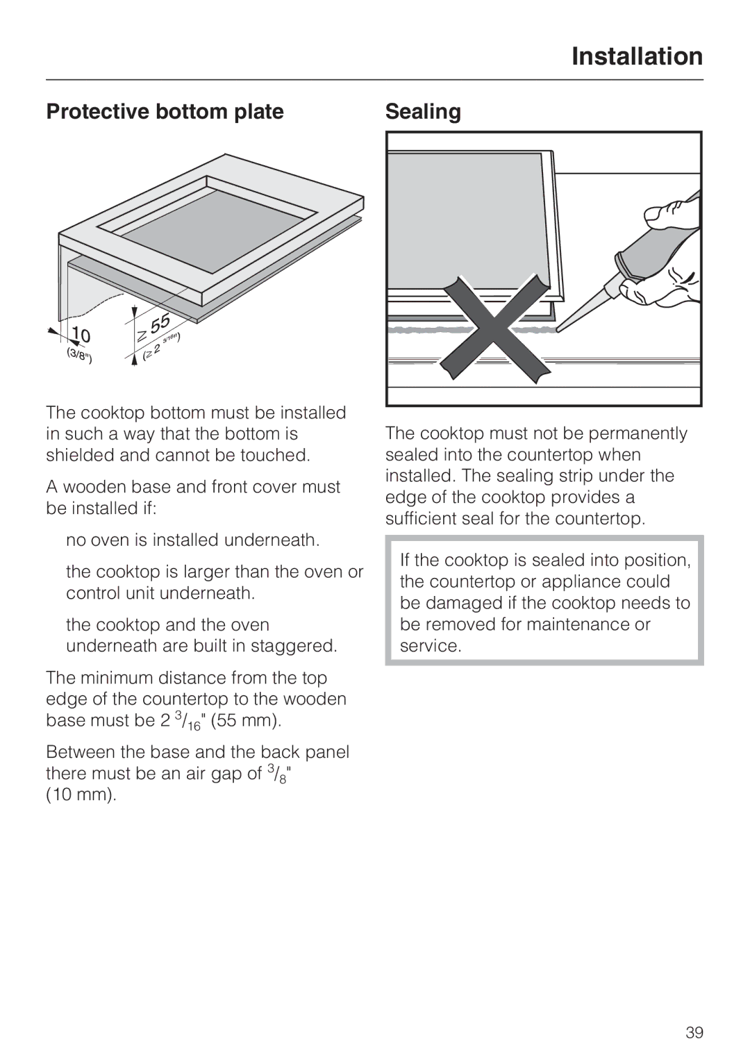 Miele KM5676 installation instructions Installation, Protective bottom plate Sealing 