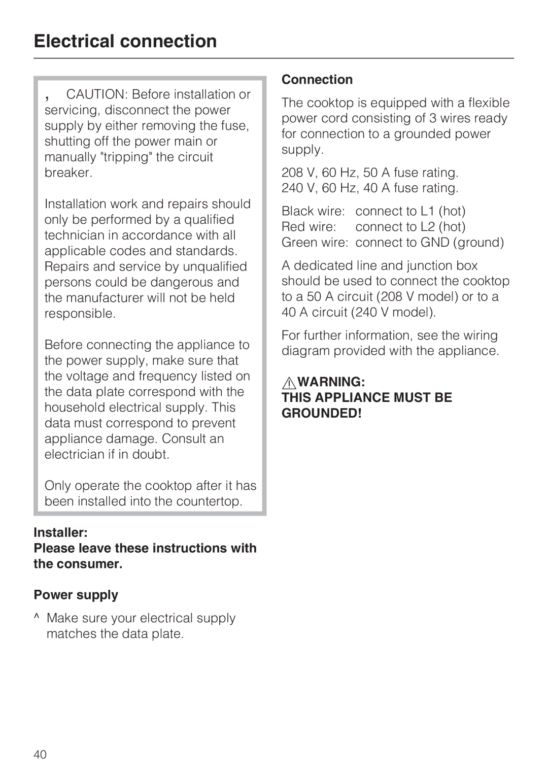 Miele KM5676 installation instructions Electrical connection, Connection 