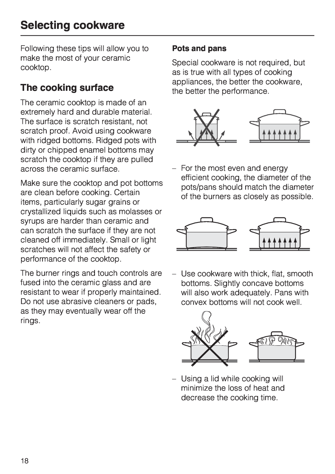 Miele KM5676 installation instructions Selecting cookware, The cooking surface, Pots and pans 