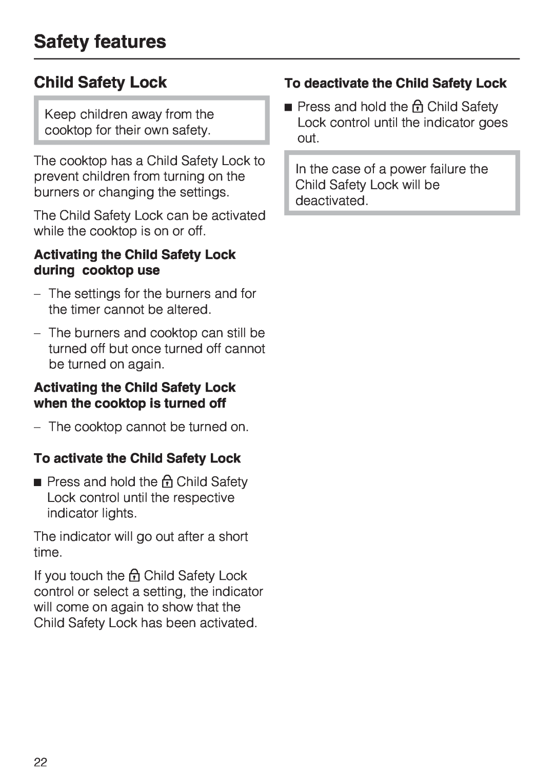 Miele KM5676 Safety features, To activate the Child Safety Lock, To deactivate the Child Safety Lock 