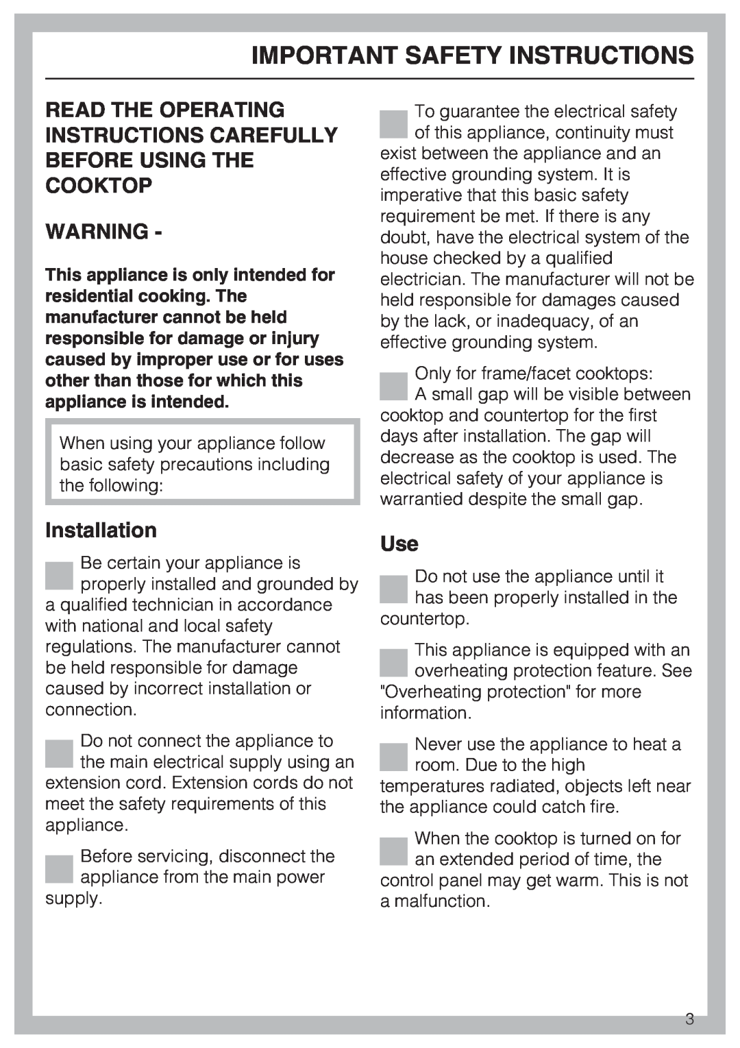 Miele KM5676 installation instructions Important Safety Instructions, Installation 