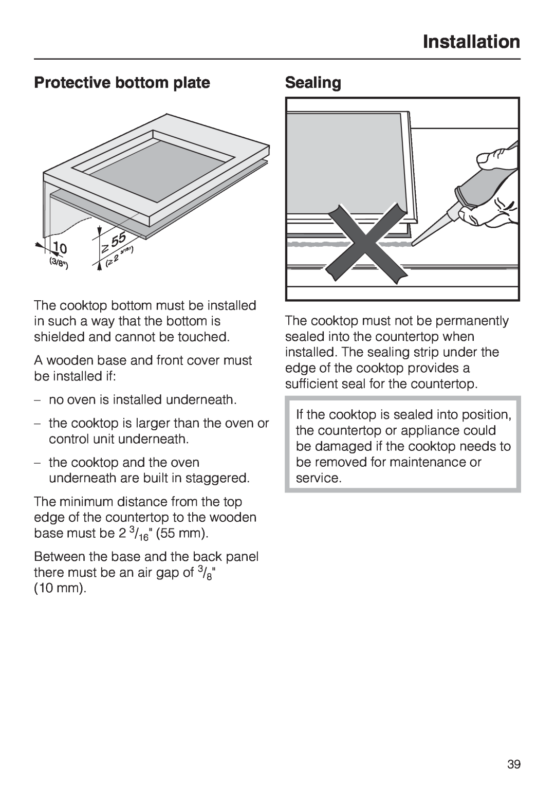 Miele KM5676 installation instructions Protective bottom plate, Sealing, Installation 