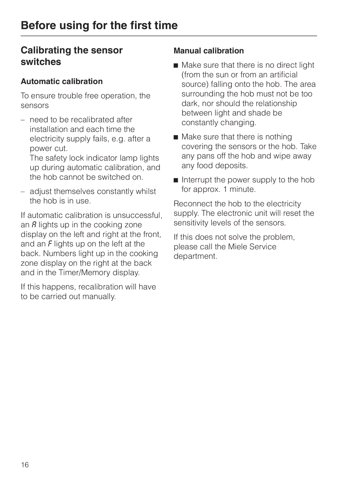 Miele KM5773 installation instructions Calibrating the sensor switches, Automatic calibration, Manual calibration 