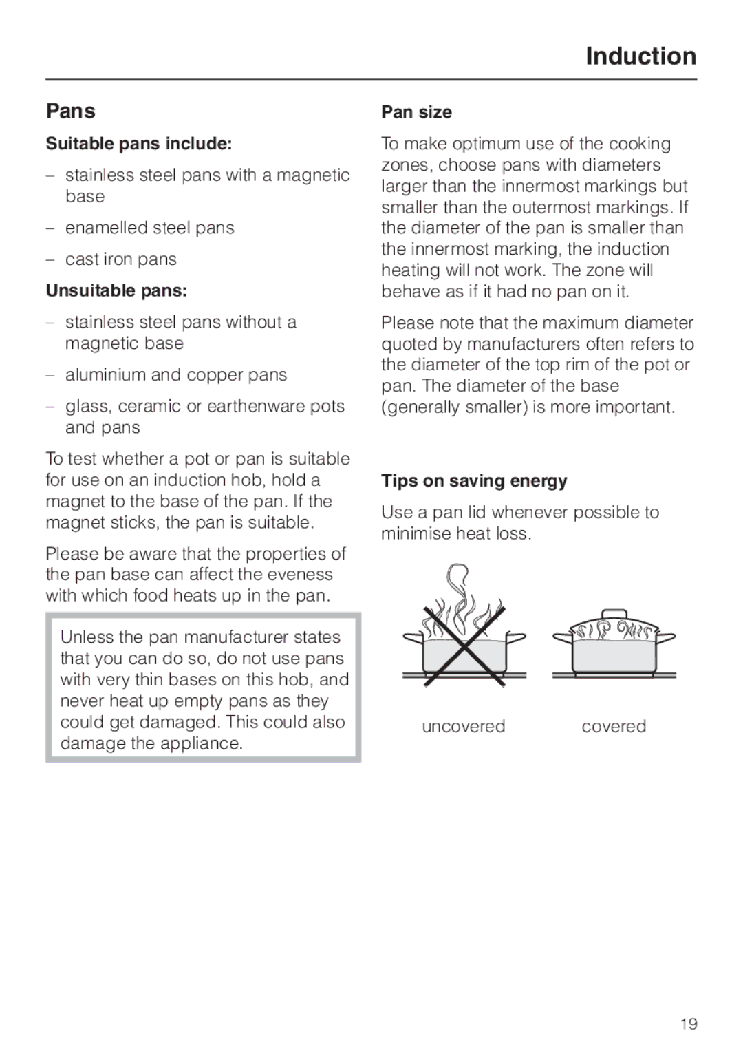 Miele KM5773 installation instructions Pans, Suitable pans include, Unsuitable pans, Pan size, Tips on saving energy 