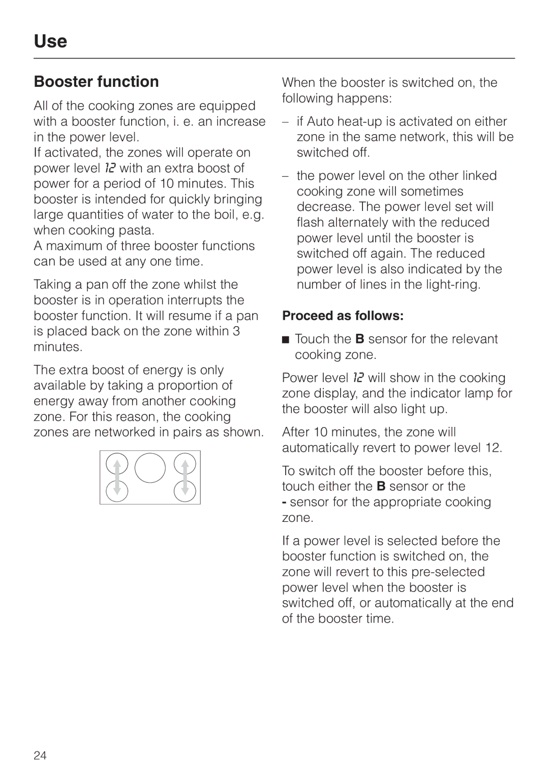 Miele KM5773 installation instructions Booster function 