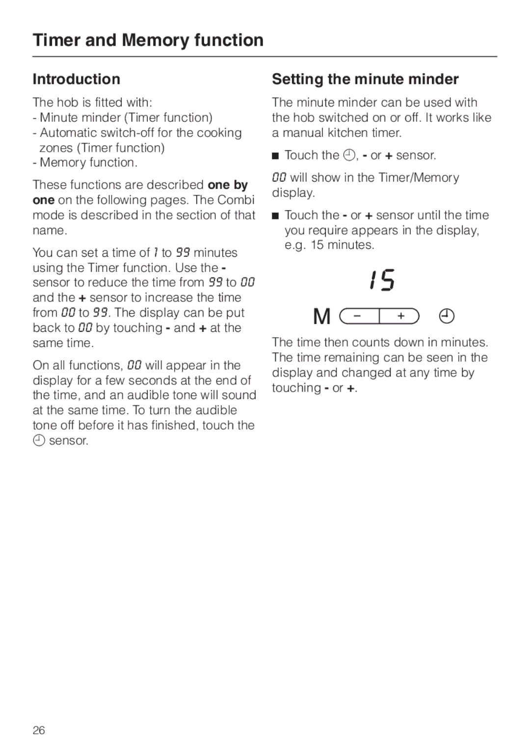 Miele KM5773 installation instructions Timer and Memory function, Introduction, Setting the minute minder 