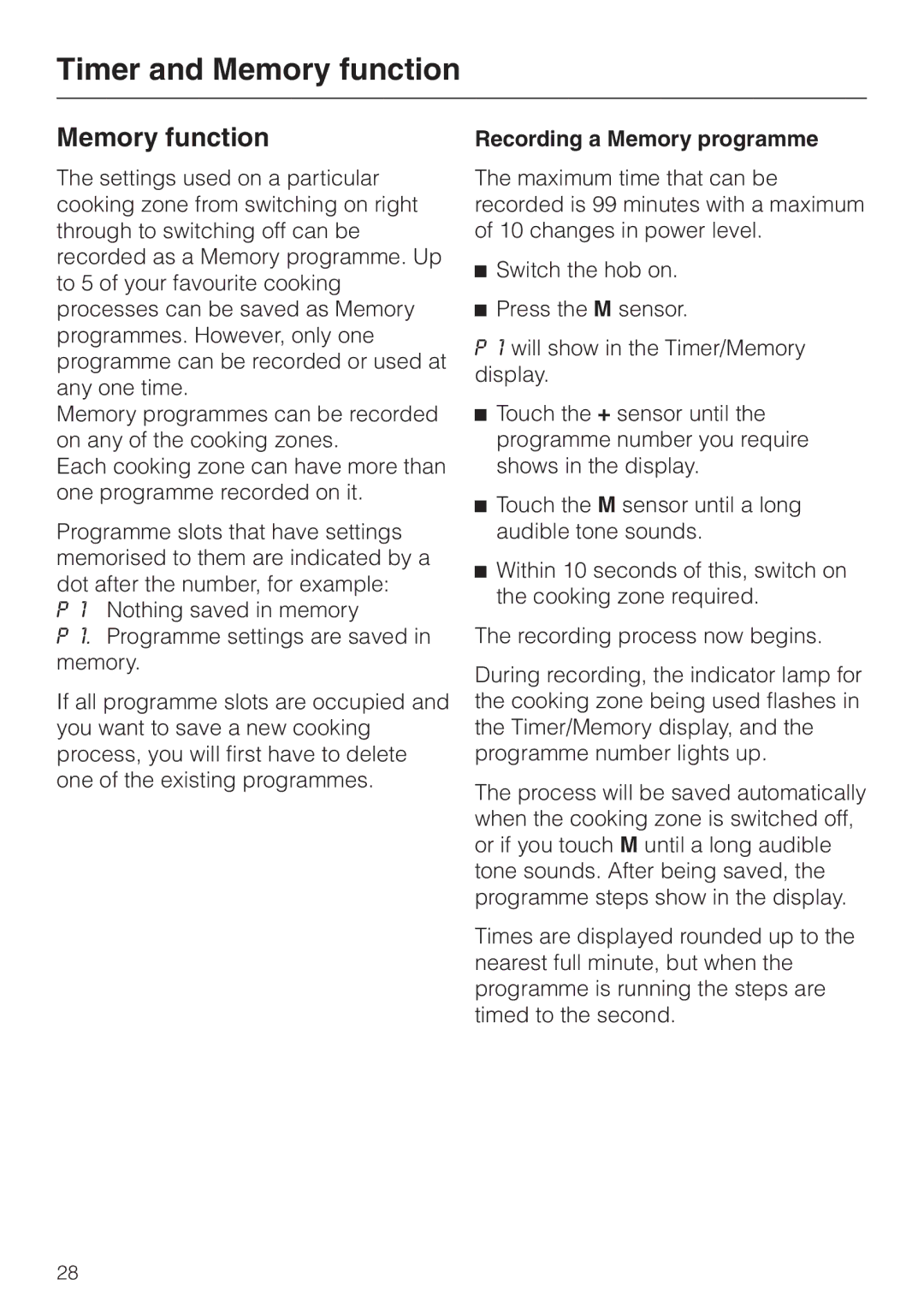 Miele KM5773 installation instructions Memory function, Recording a Memory programme 