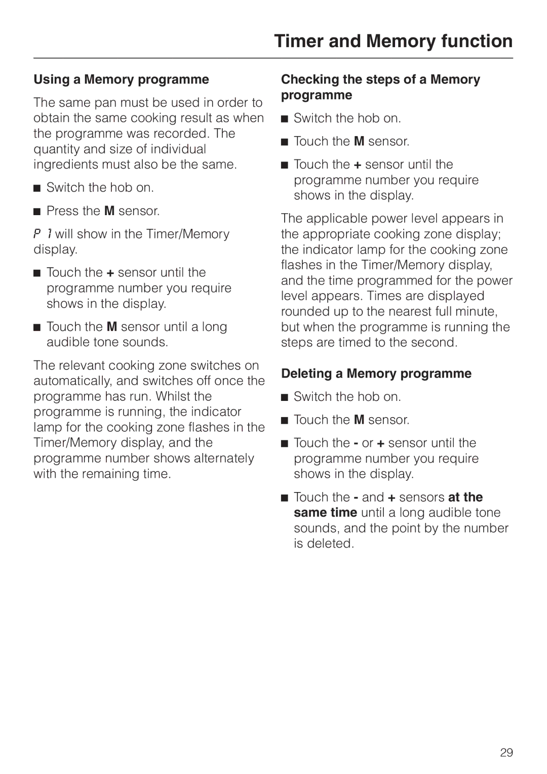 Miele KM5773 Using a Memory programme, Checking the steps of a Memory programme, Deleting a Memory programme 