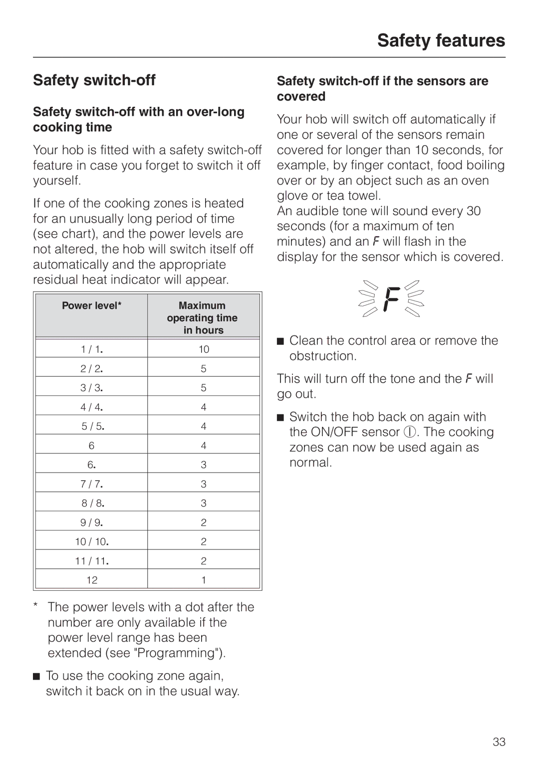 Miele KM5773 Safety switch-off with an over-long cooking time, Safety switch-off if the sensors are covered 