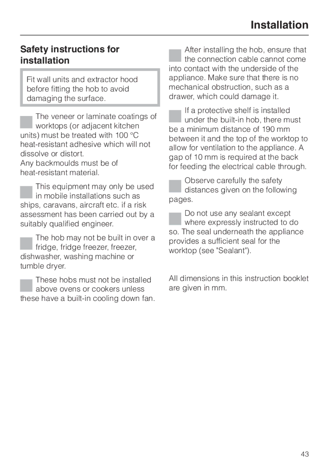 Miele KM5773 installation instructions Installation, Safety instructions for installation 