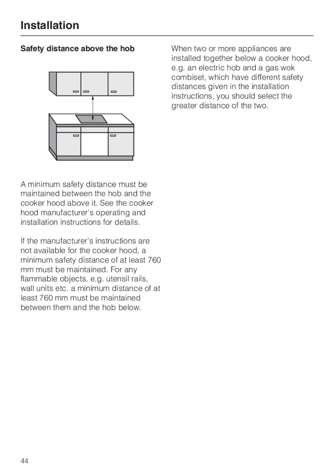 Miele KM5773 installation instructions Safety distance above the hob 