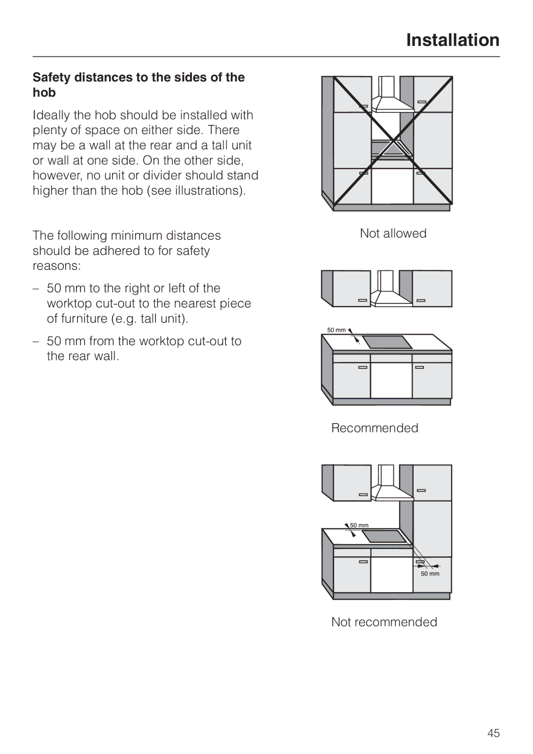 Miele KM5773 installation instructions Safety distances to the sides of the hob 