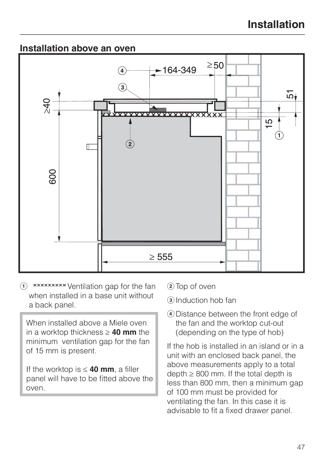 Miele KM5773 installation instructions Installation above an oven 