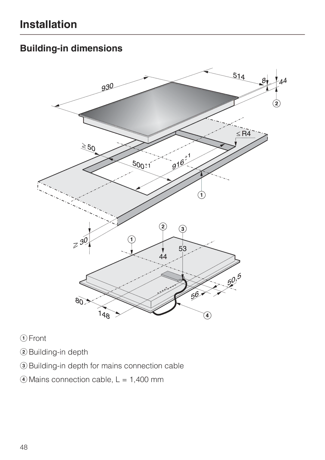 Miele KM5773 installation instructions Building-in dimensions 