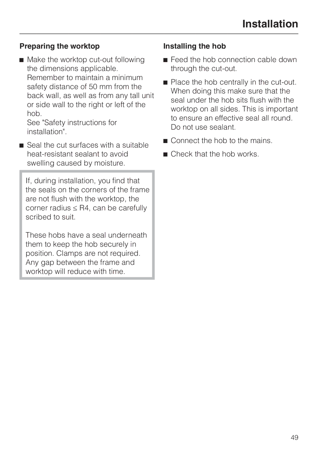 Miele KM5773 installation instructions Preparing the worktop, Installing the hob 