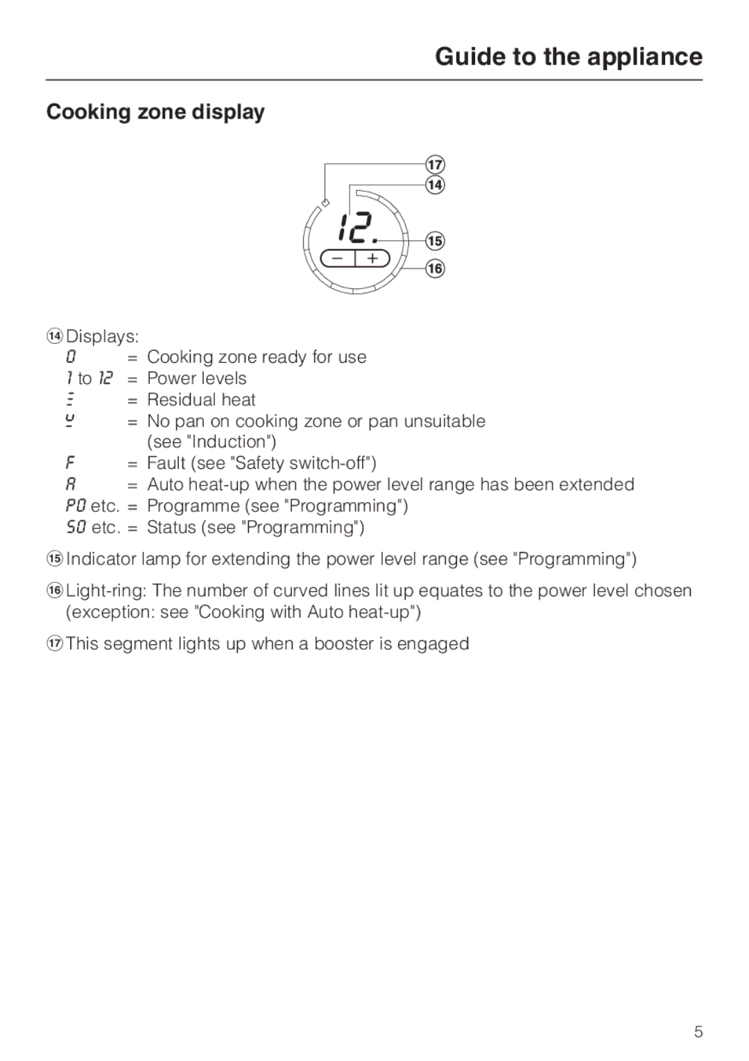 Miele KM5773 installation instructions Cooking zone display 