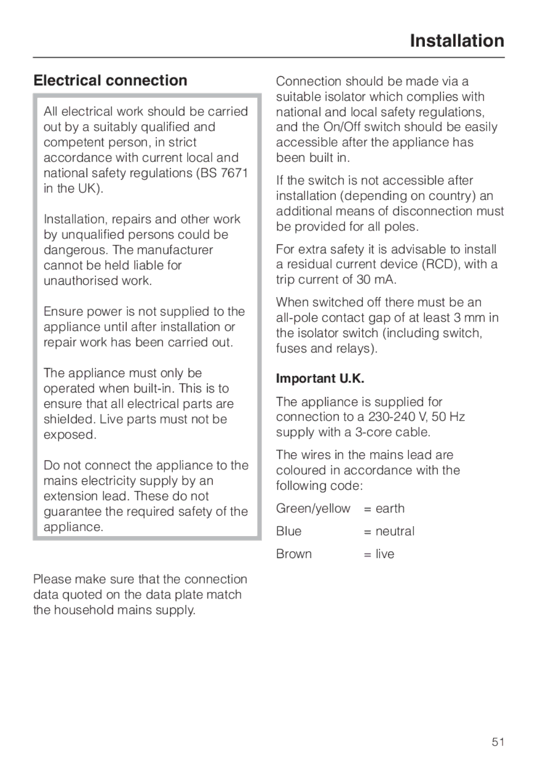 Miele KM5773 installation instructions Electrical connection, Important U.K 