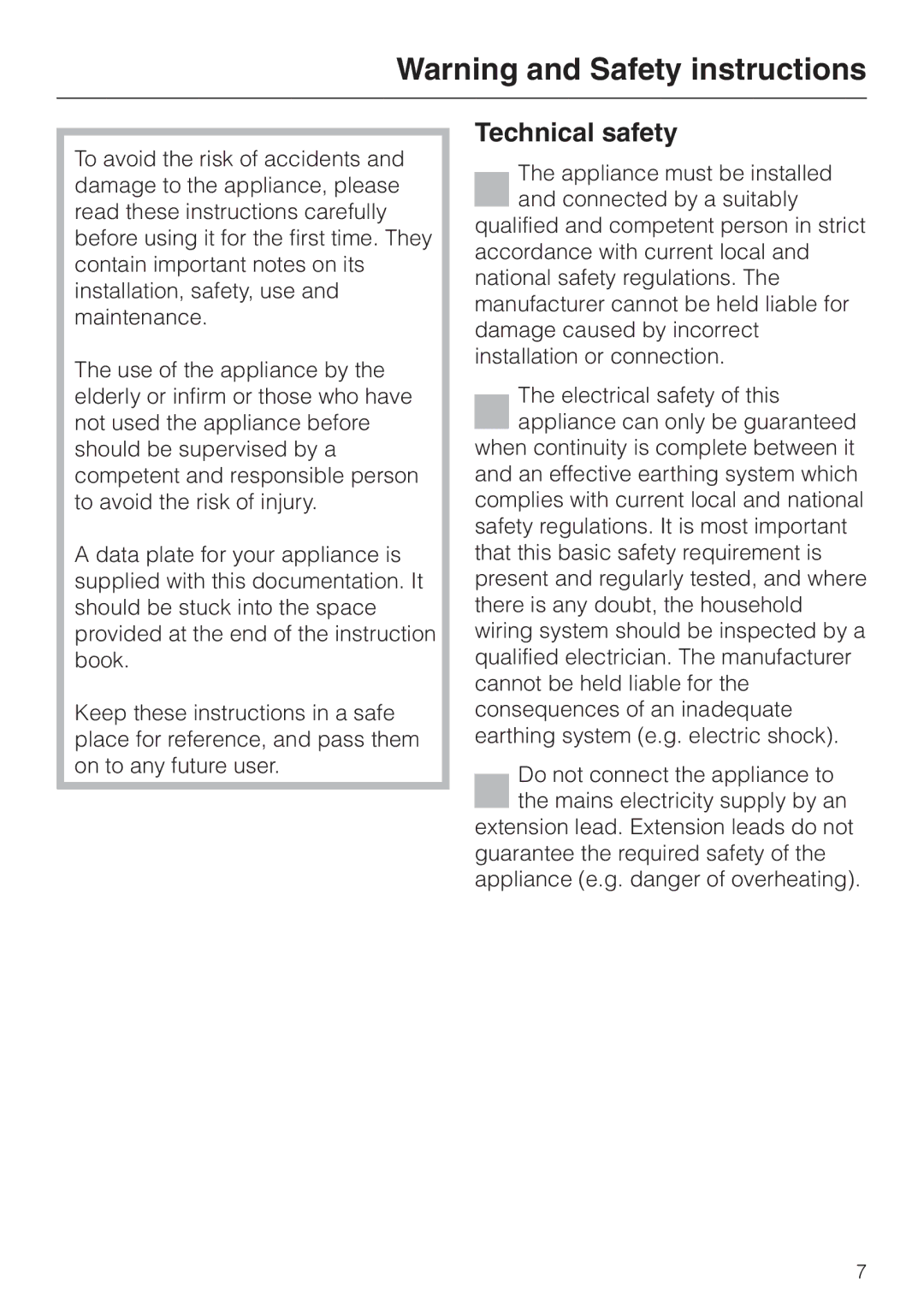 Miele KM5773 installation instructions Technical safety 