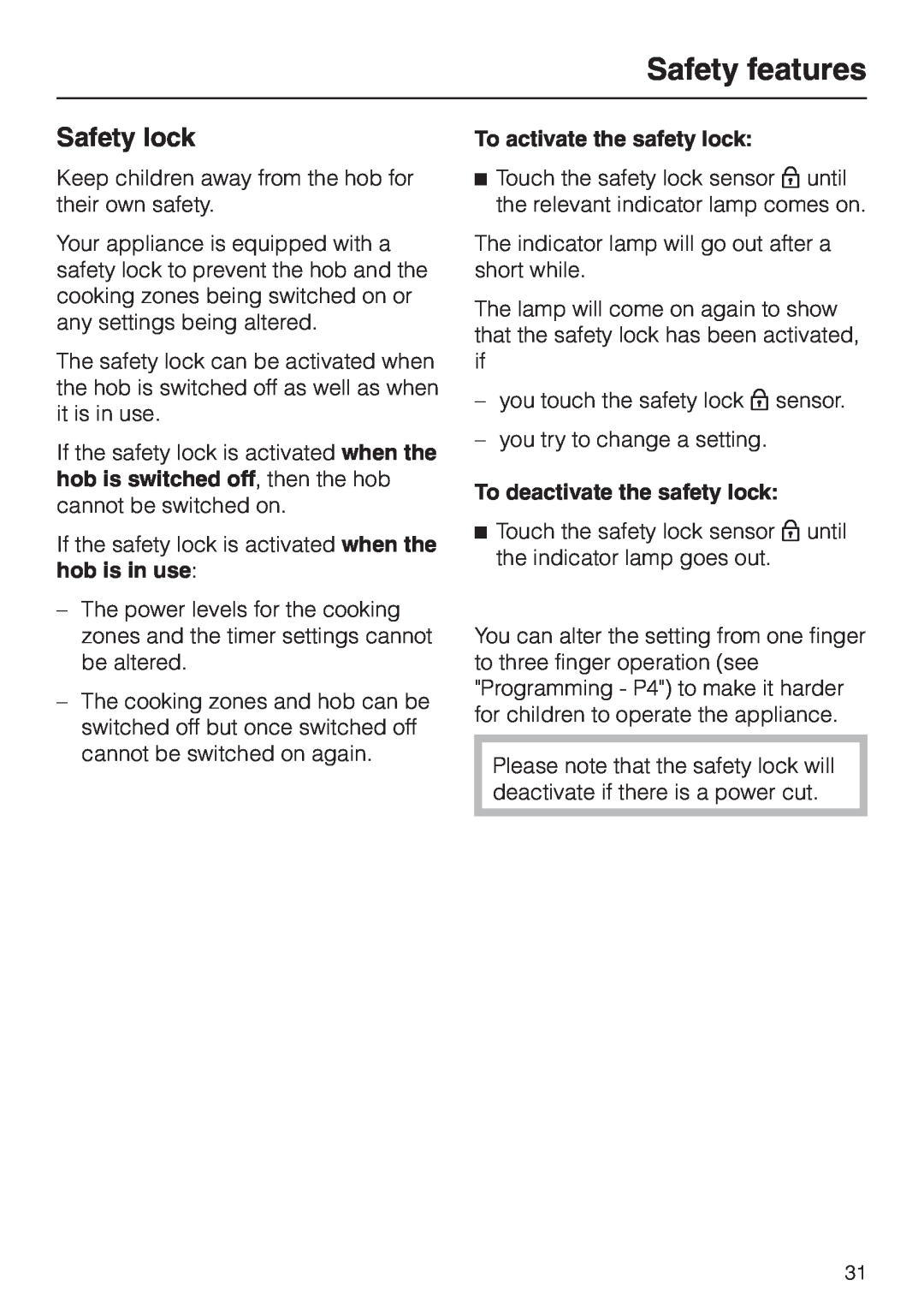 Miele KM5773 installation instructions Safety features, Safety lock 