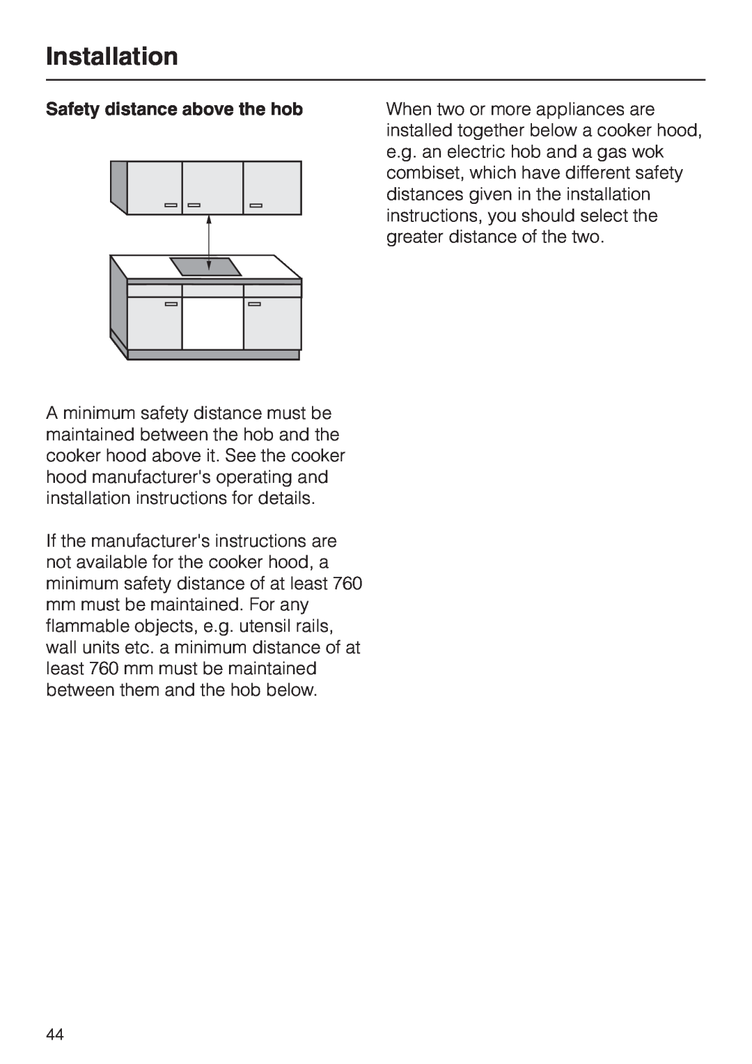 Miele KM5773 installation instructions Installation, Safety distance above the hob 