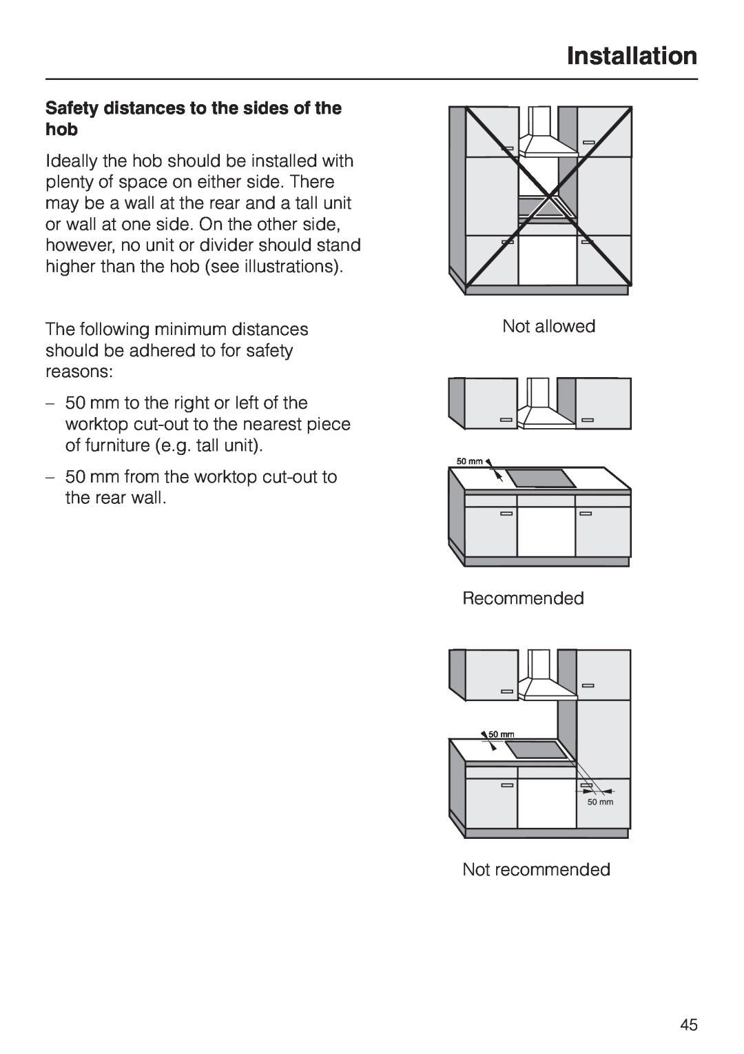 Miele KM5773 installation instructions Installation, Safety distances to the sides of the hob 