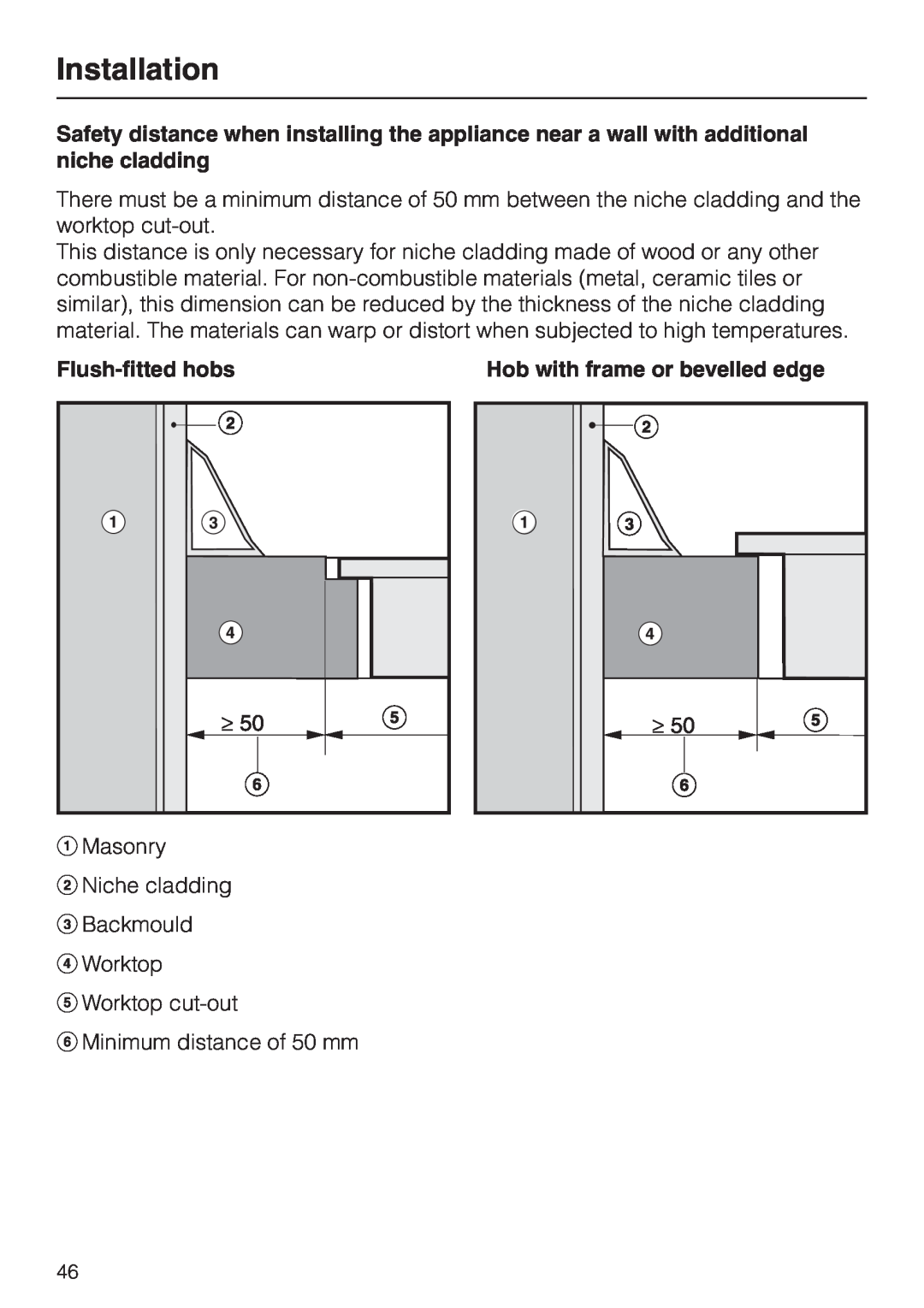 Miele KM5773 installation instructions Installation, Flush-fitted hobs, Hob with frame or bevelled edge 