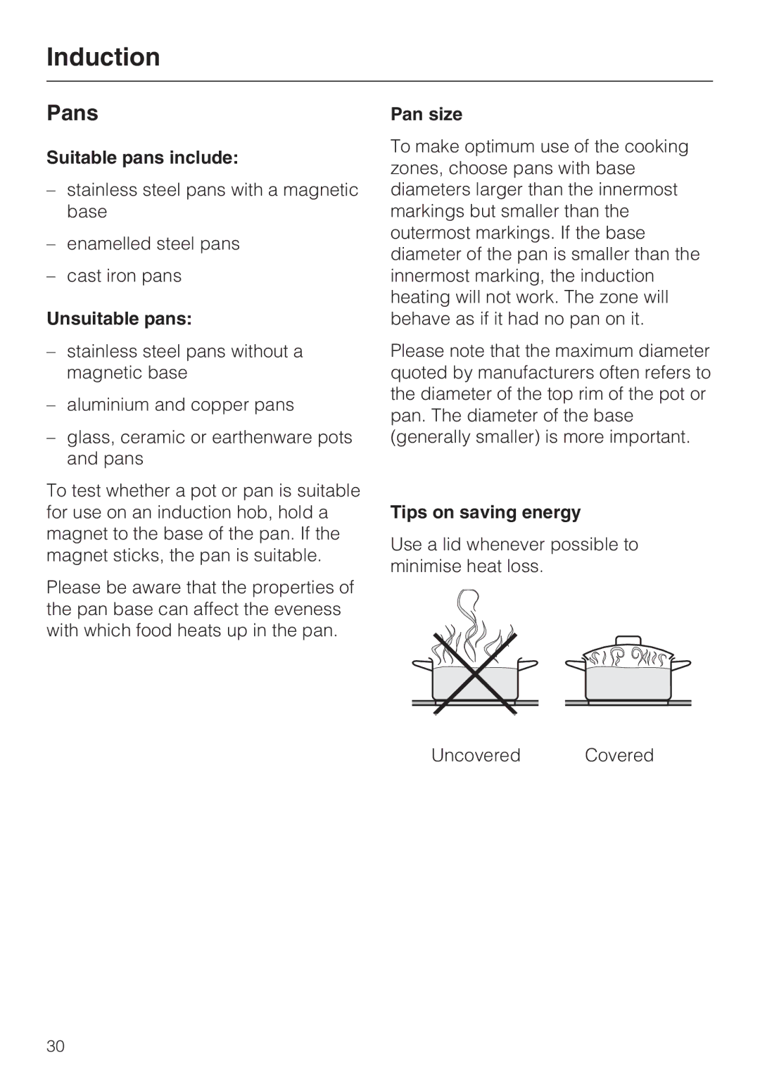 Miele KM5954, KM5956, KM5955, KM5948, KM5942 Pans, Suitable pans include, Unsuitable pans, Pan size, Tips on saving energy 