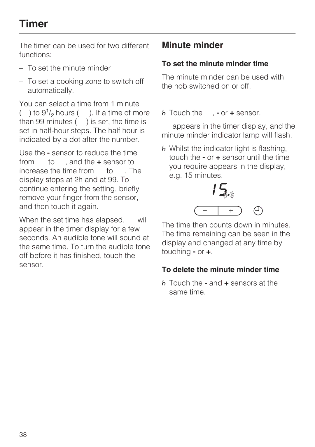 Miele KM5956, KM5955, KM5948, KM5942 Timer, Minute minder, To set the minute minder time, To delete the minute minder time 