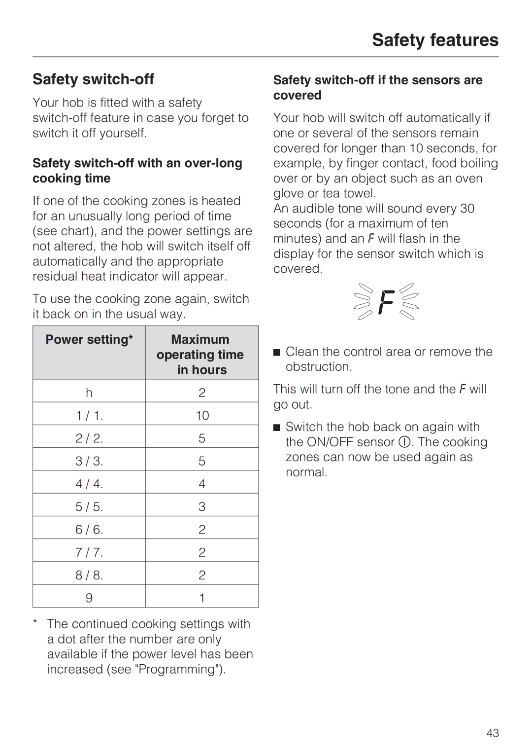 Miele KM5975, KM5956, KM5955, KM5948 Safety switch-off with an over-long cooking time, Power setting Maximum, Hours 