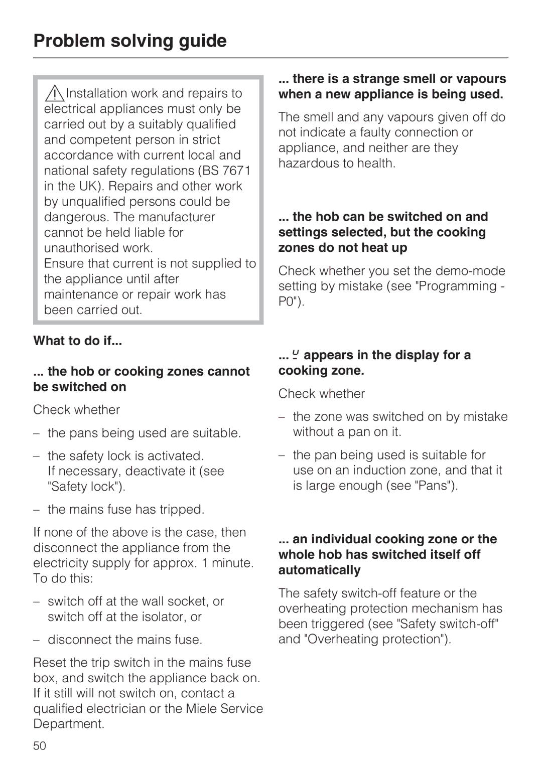 Miele KM5946, KM5956, KM5955, KM5948, KM5942 Problem solving guide, What to do if Hob or cooking zones cannot be switched on 