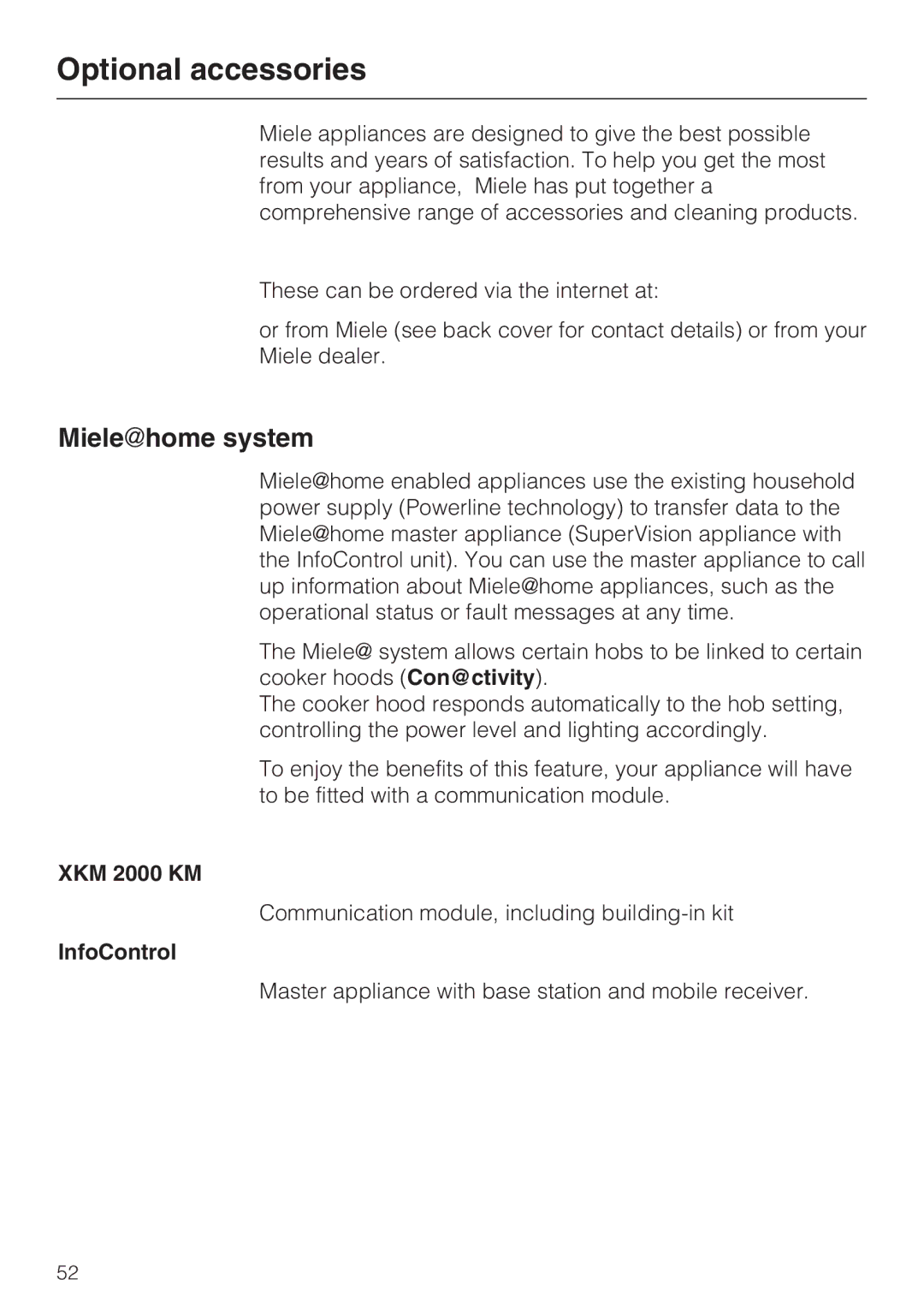 Miele KM5943, KM5956, KM5955, KM5948, KM5942, KM5958, KM5975 Optional accessories, Mielehome system, XKM 2000 KM, InfoControl 