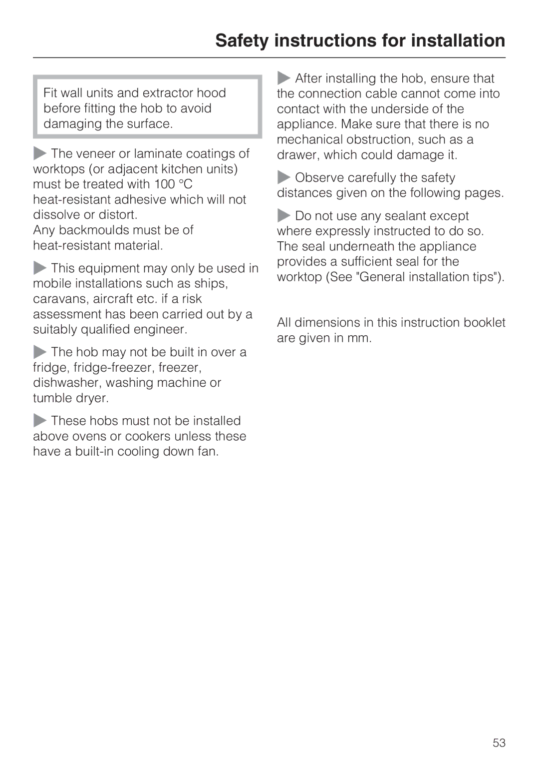 Miele KM5947, KM5956, KM5955, KM5948, KM5942, KM5958, KM5975, KM5986, KM5945, KM5951, KM5953 Safety instructions for installation 