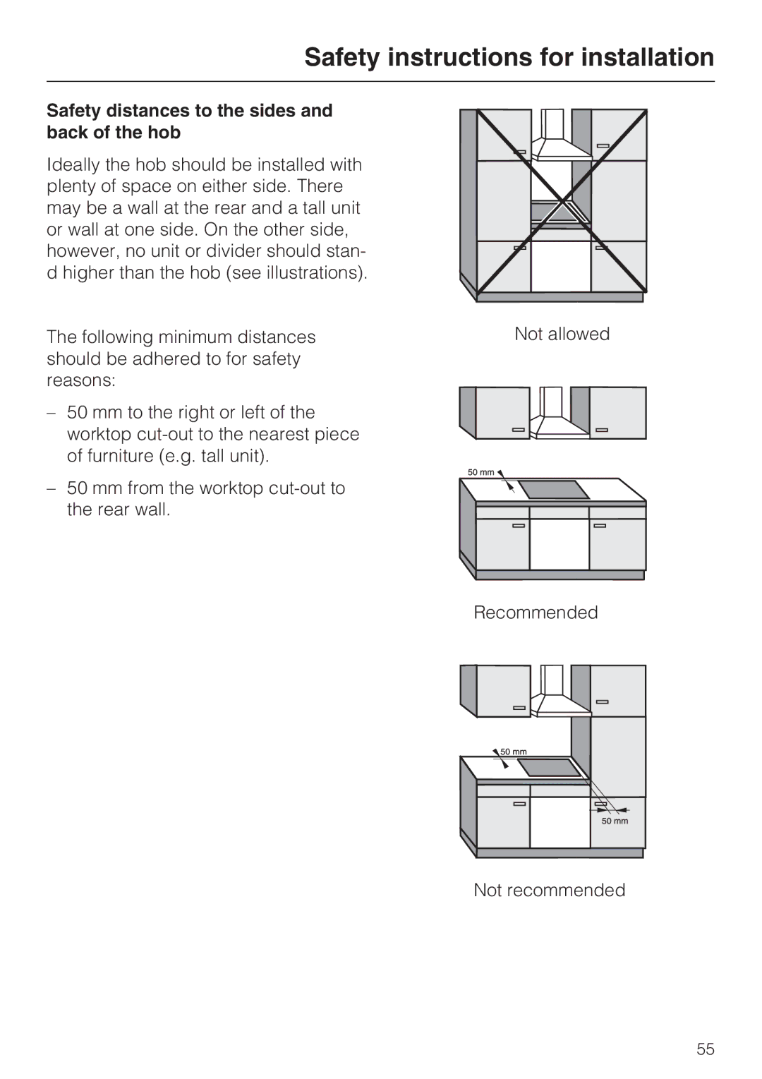 Miele KM5985, KM5956, KM5955, KM5948, KM5942, KM5958, KM5975, KM5986, KM5945 Safety distances to the sides and back of the hob 