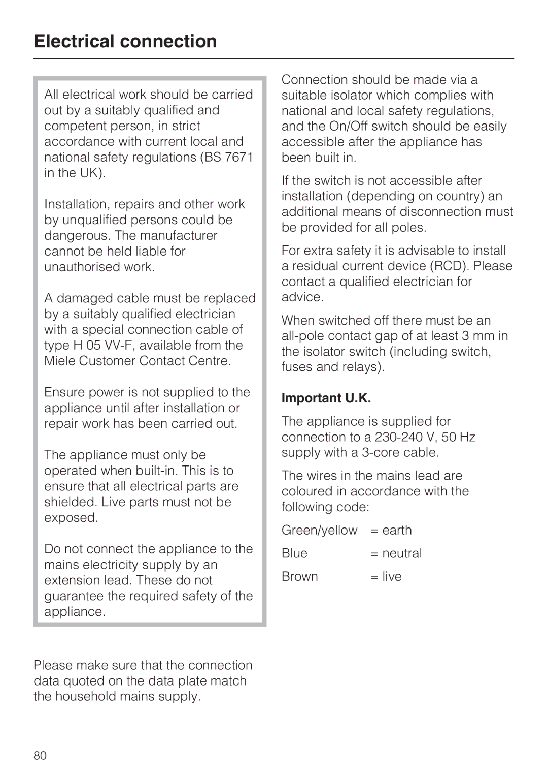 Miele KM5958, KM5956, KM5955, KM5948, KM5942, KM5975, KM5986, KM5945, KM5951, KM5953, KM5957 Electrical connection, Important U.K 