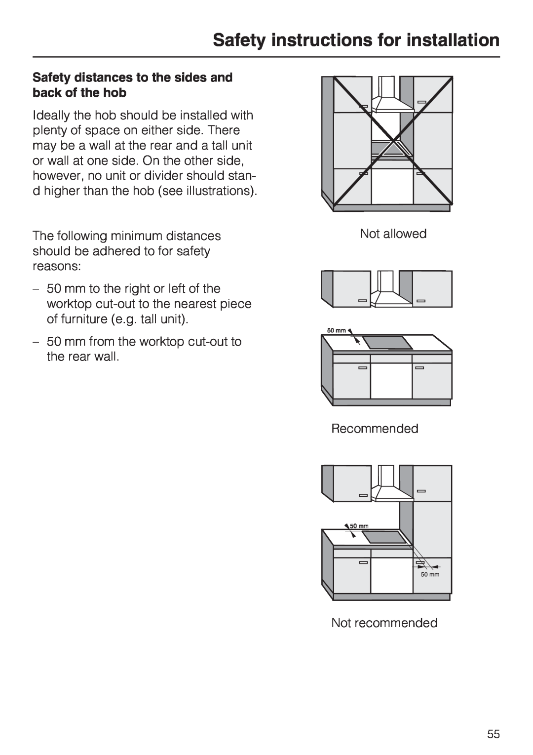 Miele KM5985, KM5956, KM5955, KM5948 Safety distances to the sides and back of the hob, Safety instructions for installation 