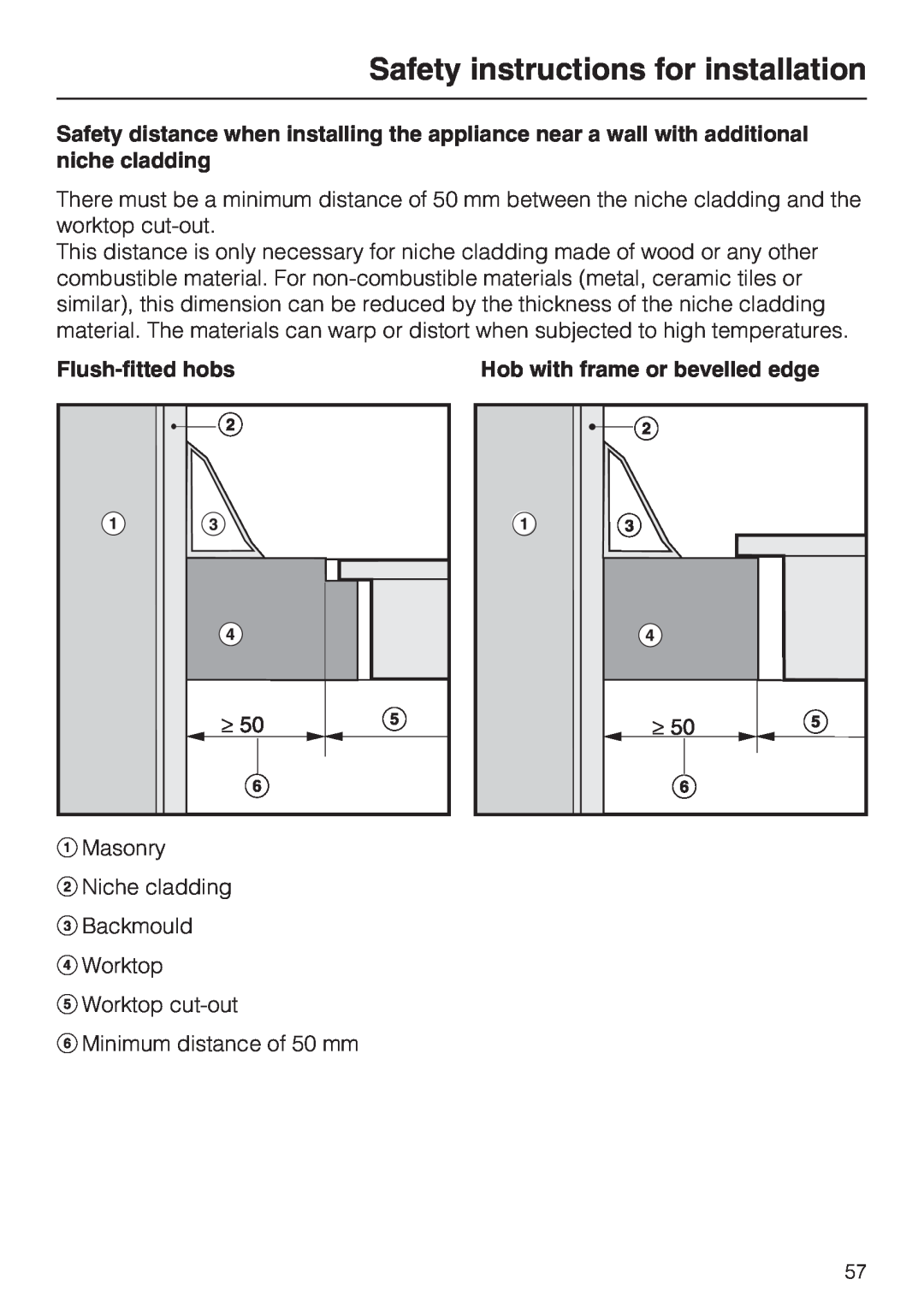 Miele KM5956, KM5955, KM5948 Flush-fitted hobs, Hob with frame or bevelled edge, Safety instructions for installation 