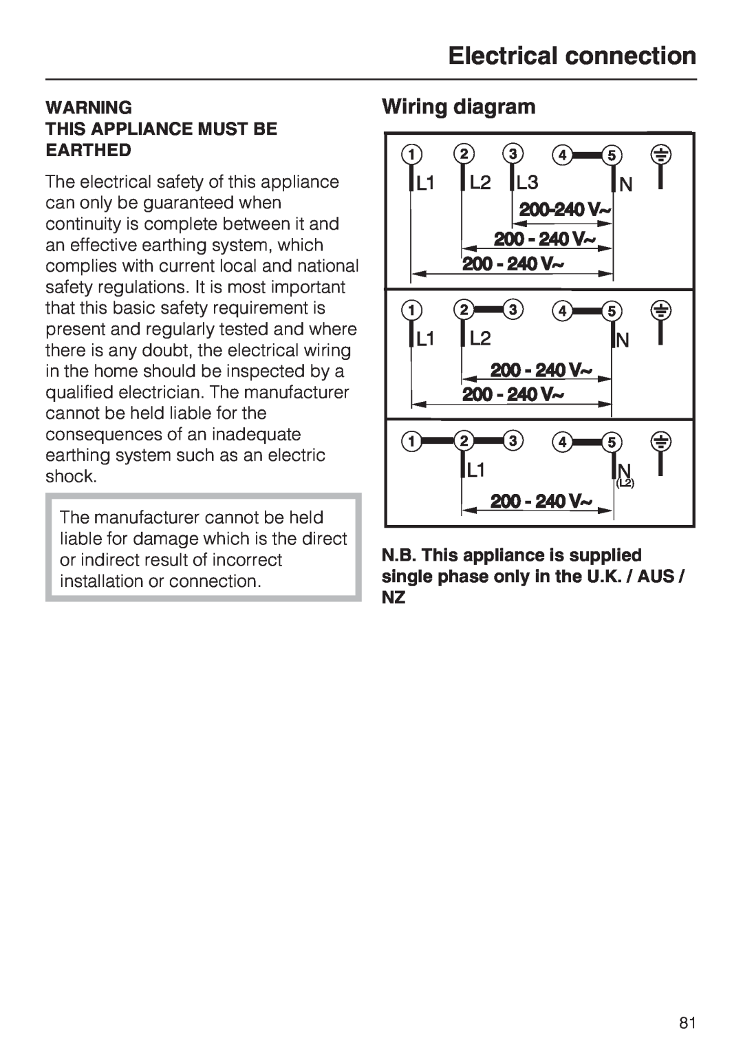 Miele KM5975, KM5956, KM5955, KM5948, KM5942, KM5958 Wiring diagram, This Appliance Must Be Earthed, Electrical connection 