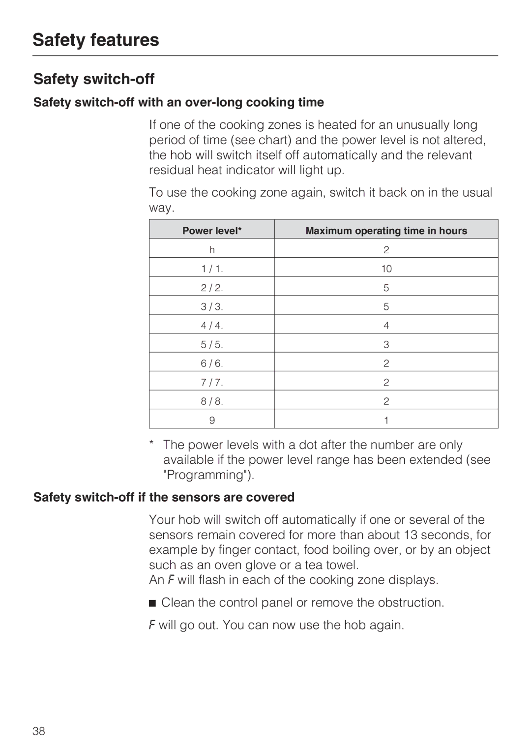 Miele KM6113, KM6117 Safety switch-off with an over-long cooking time, Safety switch-off if the sensors are covered 