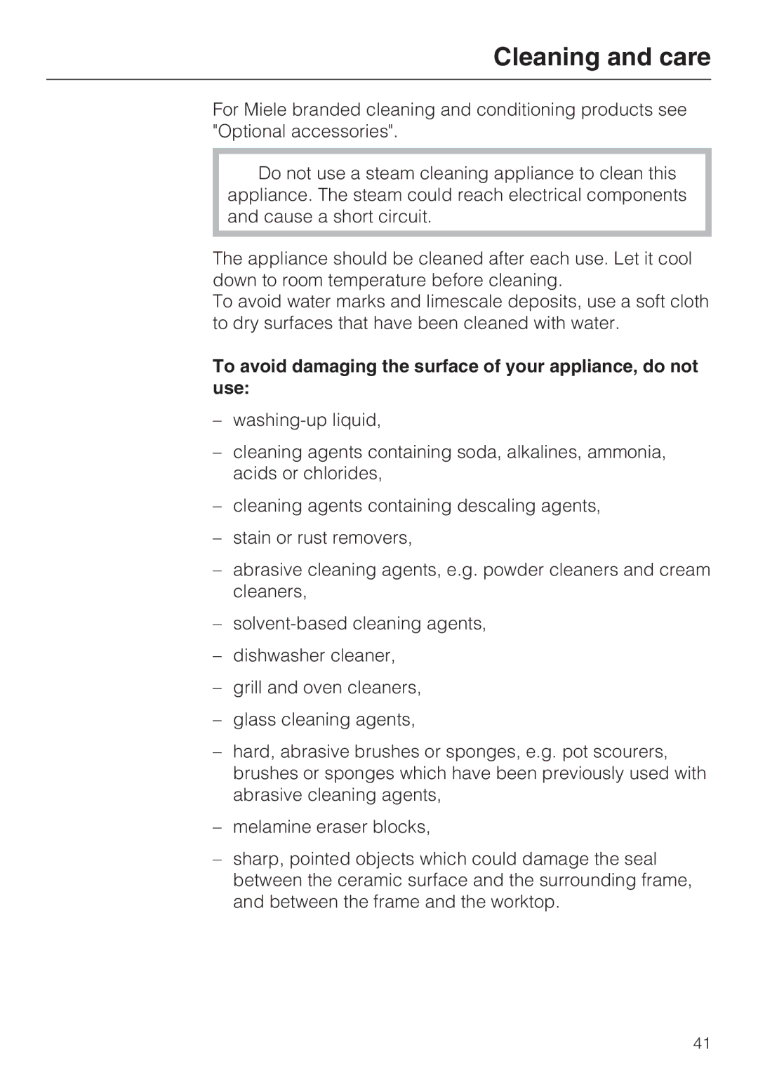 Miele KM6115, KM6117, KM6118, KM6113, KM6112 Cleaning and care, To avoid damaging the surface of your appliance, do not use 